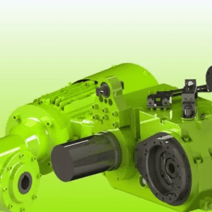 A green machine with a large motor and gear.